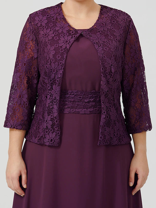 A-Linien-Kleid für die Mutter der Braut, formell, klassisch und zeitlos, elegant und luxuriös, Übergröße, U-Ausschnitt, knielang, Chiffon, geblümte Spitze, ärmellos, ja, mit Schärpe/Bandfalten